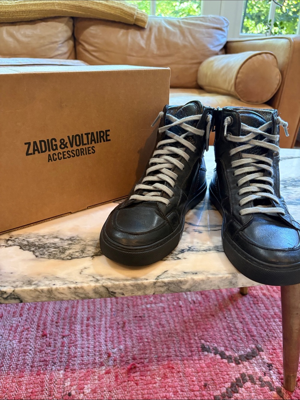 Zadig & Voltaire Black Leather High-Top Sneakers with White Laces